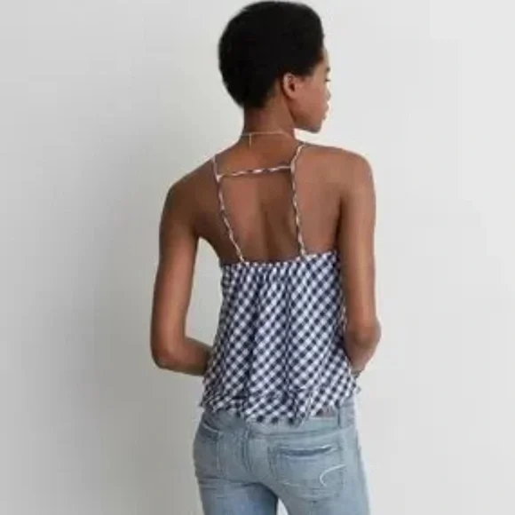 AEO women’s Blue Gingham Hi-Neck Swing Tank plaid white blue sz M preloved - Picture 4 of 11